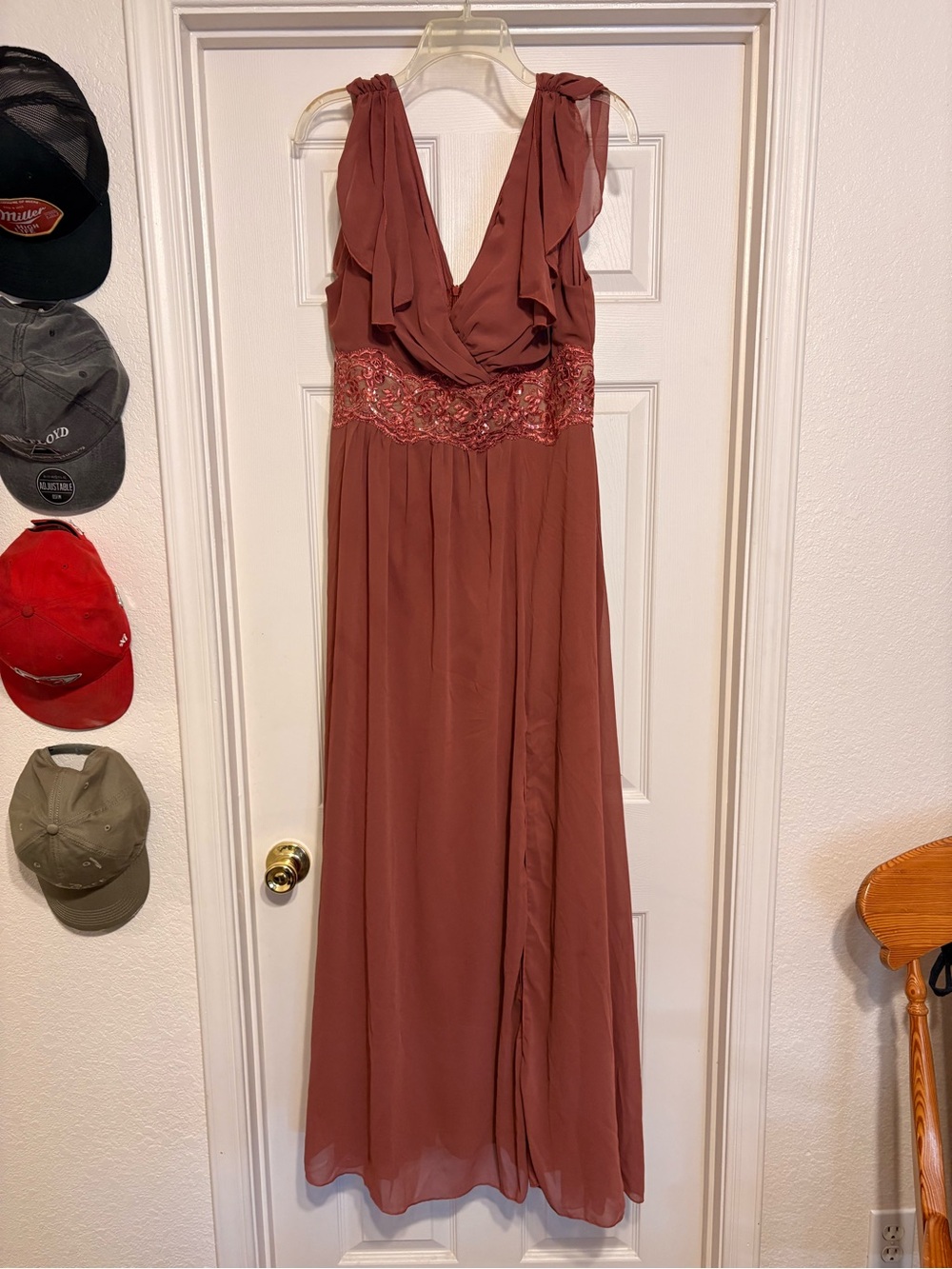 Sleeveless V-Neck Maxi Dress in Rustic Copper with Beaded Waist